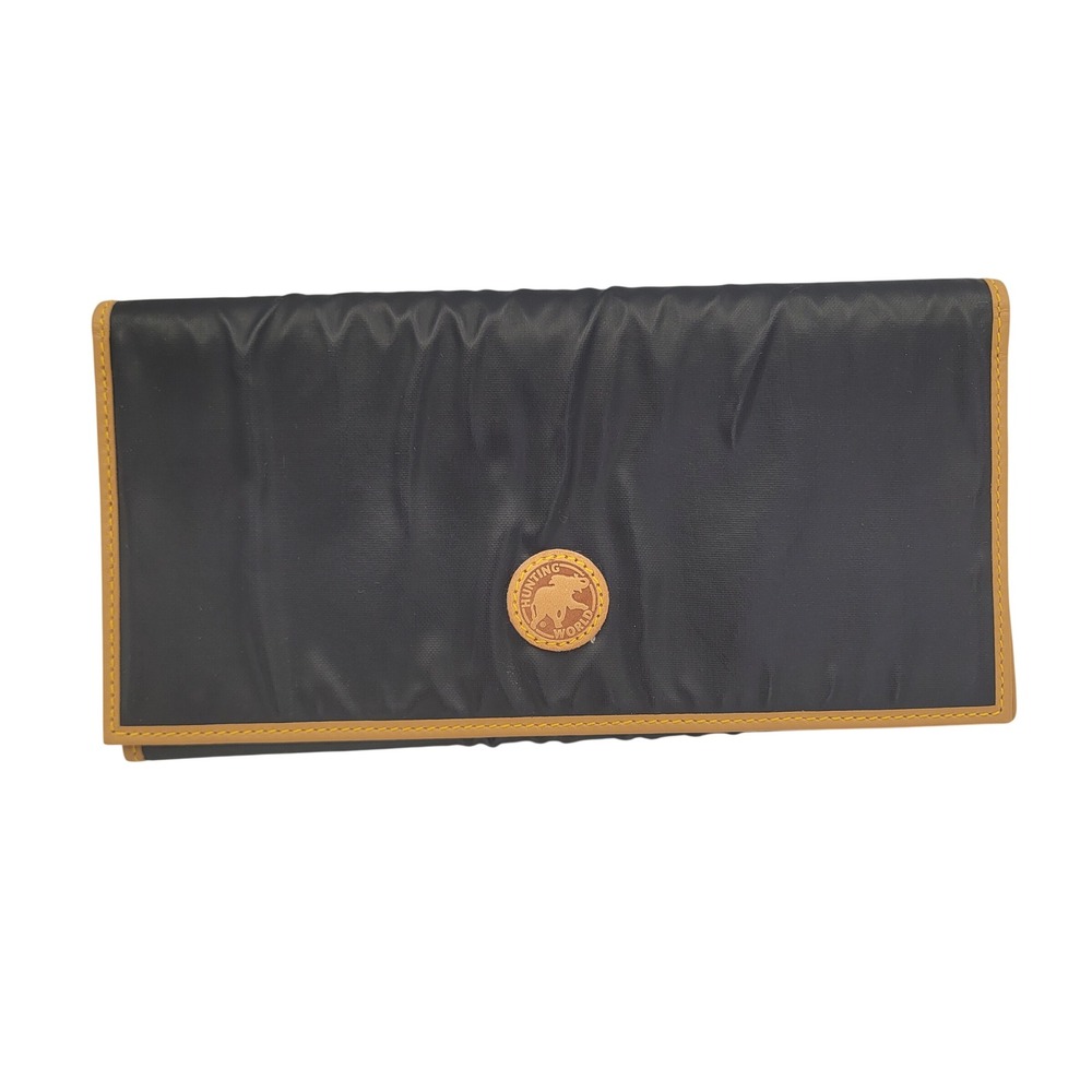 Hunting World Italy Black Battue Cloth Tan Leather Long Bi-Fold Wallet Vintage